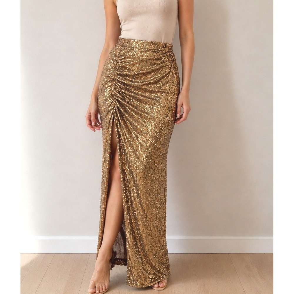 R.G. Kane NWOT Sequin Maxi Skirt Women S Bronze Antique Gold Ruched High Slit